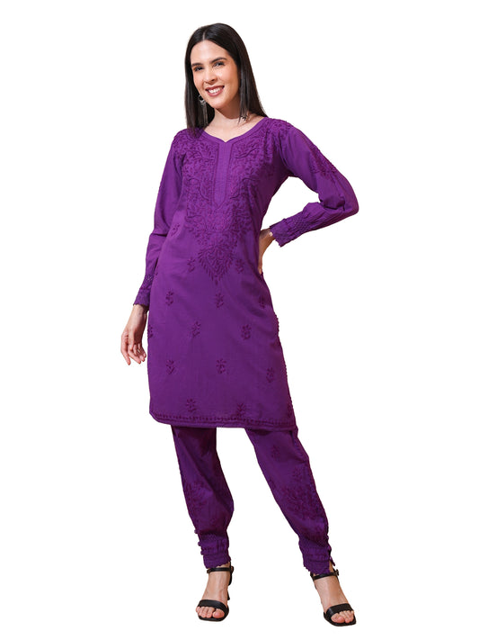 Nazaira Women’s Cotton Chikankari Kurta Pant Set | Hand Embroidered Lucknowi Chikankari Afghani Set for Women | Ethnic Kurti Set with Bottom Wear | Purple