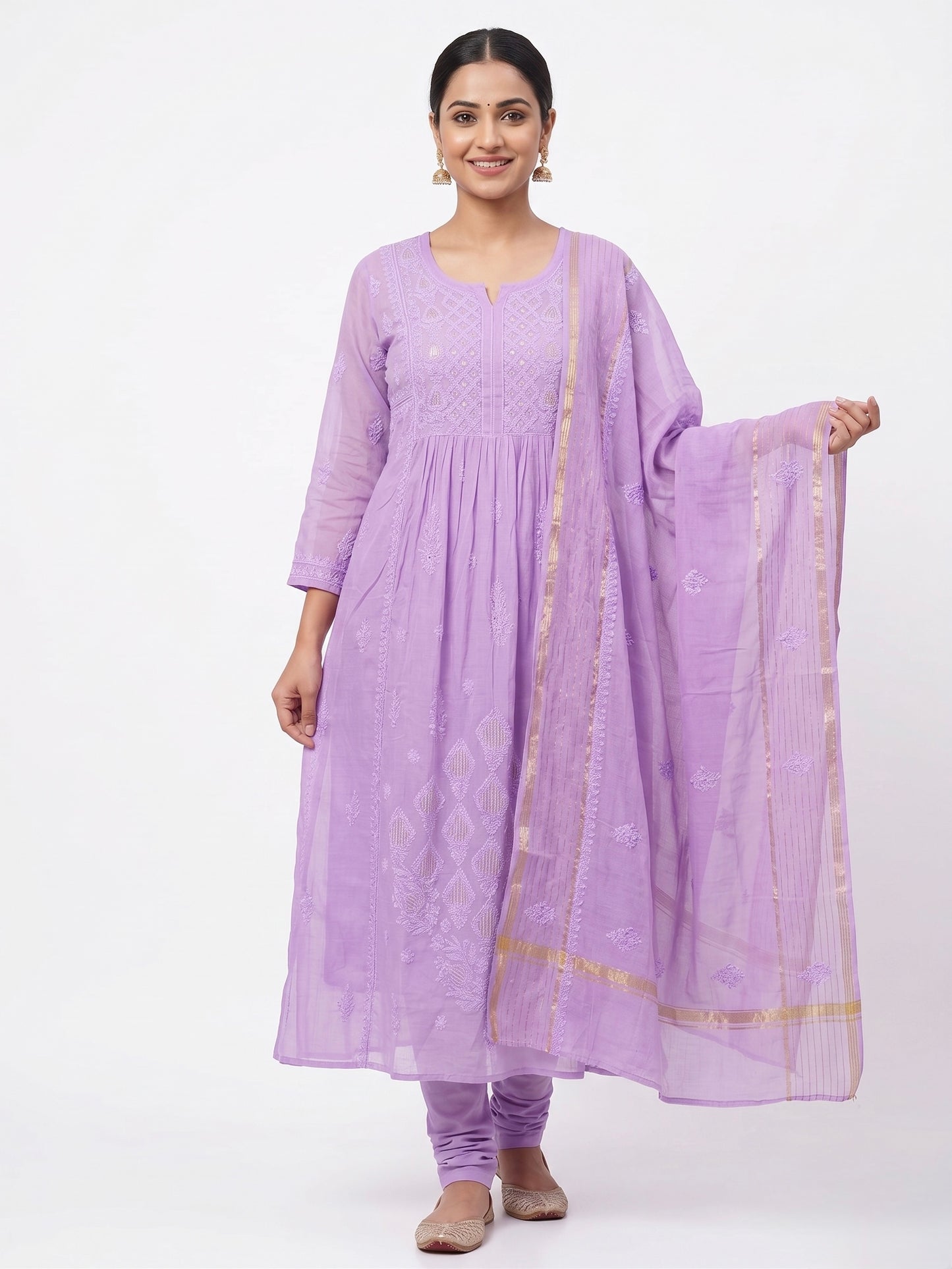 Nazaira Pure Mul Chanderi Semi-Stitched Suit for Women with Dupatta | Hand Embroidered Lucknow Chikankari Kurta Set | Naira Cut Gown Style Ethnic Wear | Heavy Cutdana & Pearl Work | Lavender
