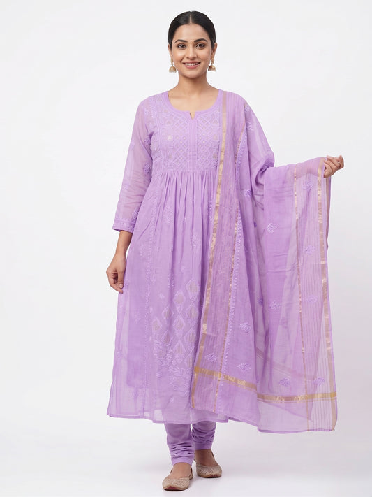 Nazaira Pure Mul Chanderi Semi-Stitched Suit for Women with Dupatta | Hand Embroidered Lucknow Chikankari Kurta Set | Naira Cut Gown Style Ethnic Wear | Heavy Cutdana & Pearl Work | Lavender