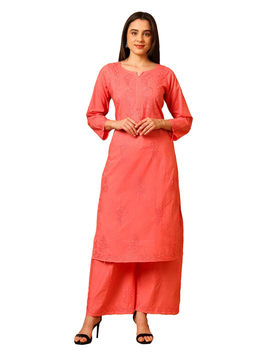 Nazaira Cotton Chikankari Kurta Palazzo Set for Women | Hand Embroidered Lucknowi Chikankari Kurti with Palazzo | Ethnic Wear Long Kurta Set (Pink) | Handmade Cotton Kurta for Women