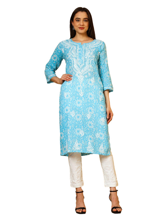 Nazaira Mulmul Cotton Chikankari Kurta for Women Sky Blue | Hand Embroidered Lucknow Chikankari Kurti | Ethnic Wear Long Kurta for Women | Handmade Luckhnawi Chickankari Kurta