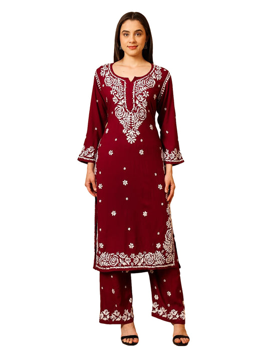 Nazaira Women’s Rayon 3D Work Lucknow Chikankari Kurta with Palazzo Set | Hand Embroidered Lucknawi Chickankari Kurti | Ethnic Wear | Maroon |