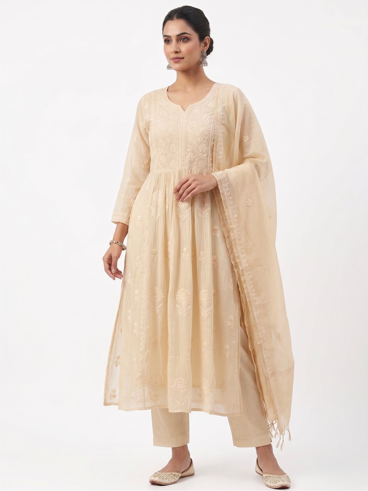 Nazaira Pure Mul Chanderi Semi-Stitched Dress Material for Women with Dupatta | Hand Embroidered Lucknow Chikankari Suit | Naira Cut Gown Style Ethnic Wear | Heavy Cutdana Handwork | Cream