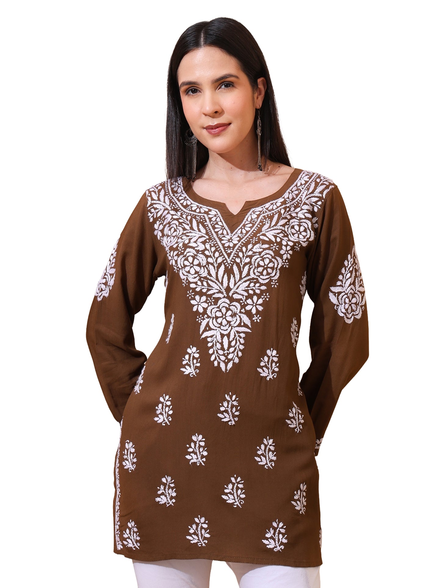 Nazaira Women’s Rayon Lucknow Chikankari Short Kurta | Handmade Hand Embroidered Luckhnawi Kurti for Women | Ethnic Wear Tunic Top for Daily, Casual Brown