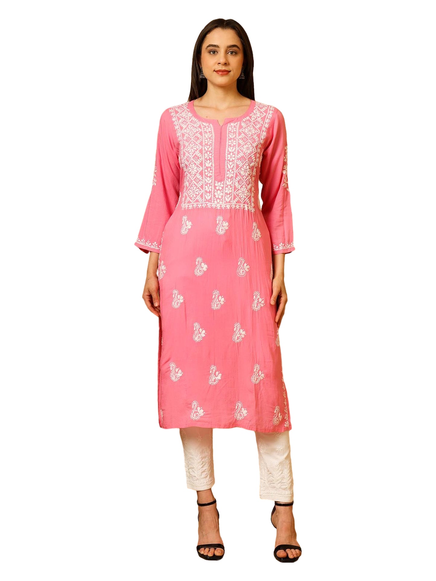 Nazaira Women’s Modal Chikankari Kurta Pink | Hand Embroidered Lucknowi Chikankari Kurti | Ethnic Wear Long Kurta for Women | Lightweight Breathable Daily & Festive Wear