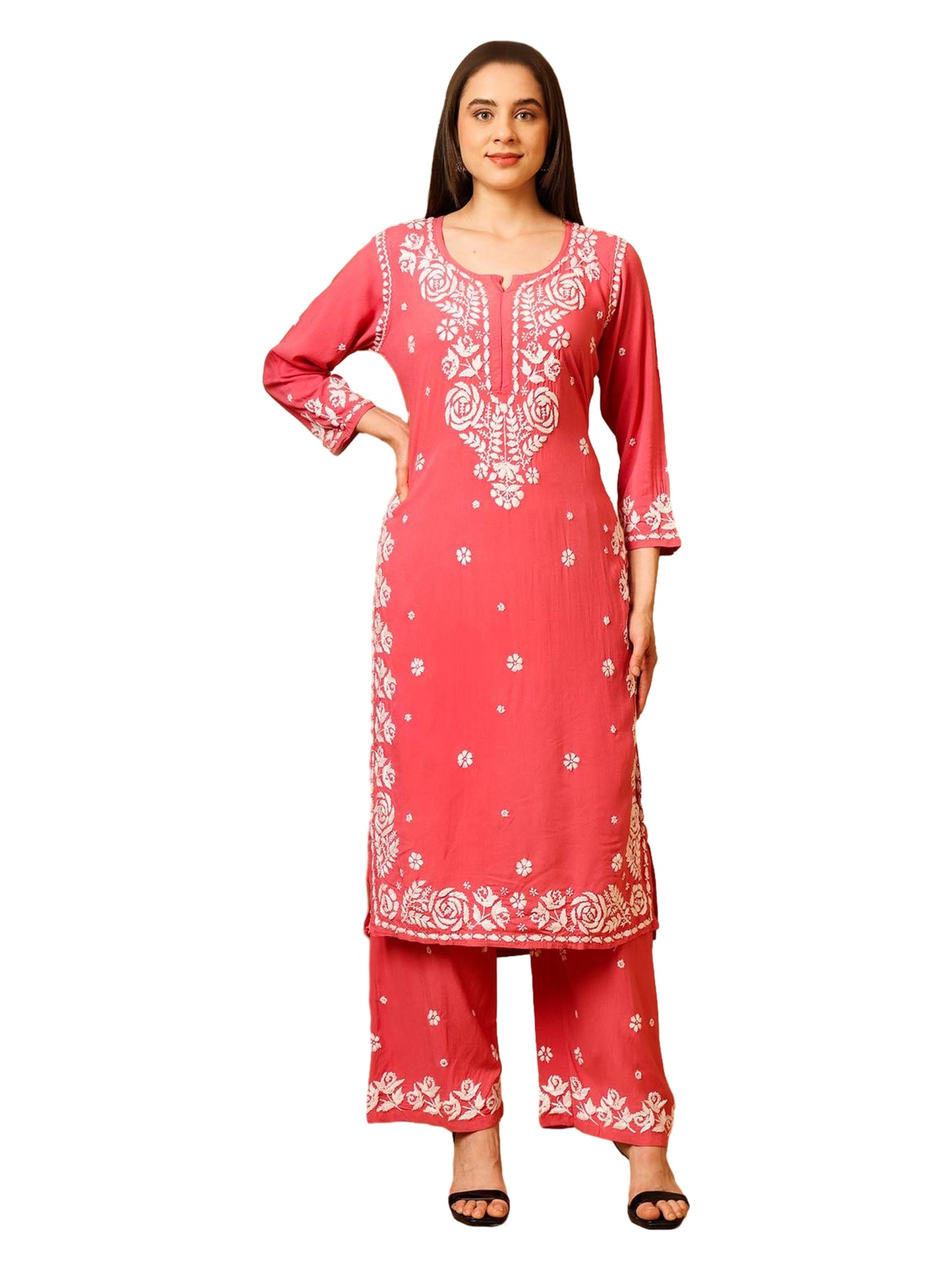 Nazaira Women’s Rayon 3D Work Lucknow Chikankari Kurta with Palazzo Set | Hand Embroidered Lucknawi Chickankari Kurti | Ethnic Wear for Women | Coral Pink |