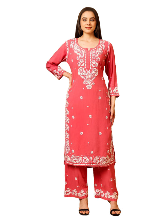 Nazaira Women’s Rayon 3D Work Lucknow Chikankari Kurta with Palazzo Set | Hand Embroidered Lucknawi Chickankari Kurti | Ethnic Wear for Women | Coral Pink |