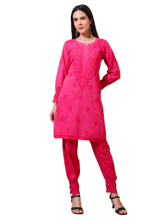Nazaira Women’s Cotton Chikankari Kurta Pant Set | Hand Embroidered Lucknowi Chikankari Afghani Set for Women | Ethnic Kurti Set with Bottom Wear | Magenta