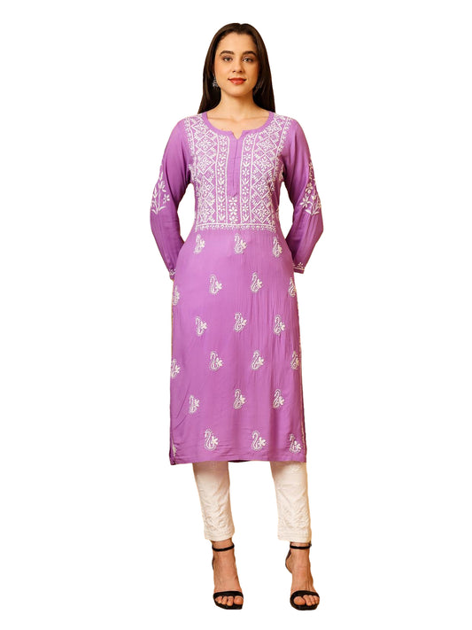Nazaira Women’s Modal Chikankari Kurta Lavender | Hand Embroidered Lucknowi Chikankari Kurti | Ethnic Wear Long Kurta for Women | Lightweight Breathable Daily & Festive Wear