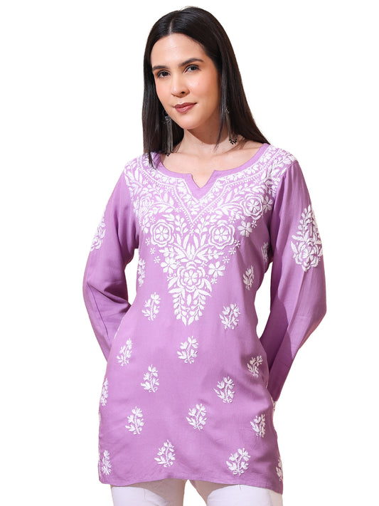 Nazaira Women’s Rayon Lucknow Chikankari Short Kurta | Handmade Hand Embroidered Luckhnawi Kurti for Women | Ethnic Wear Tunic Top for Daily, Casual Lavender
