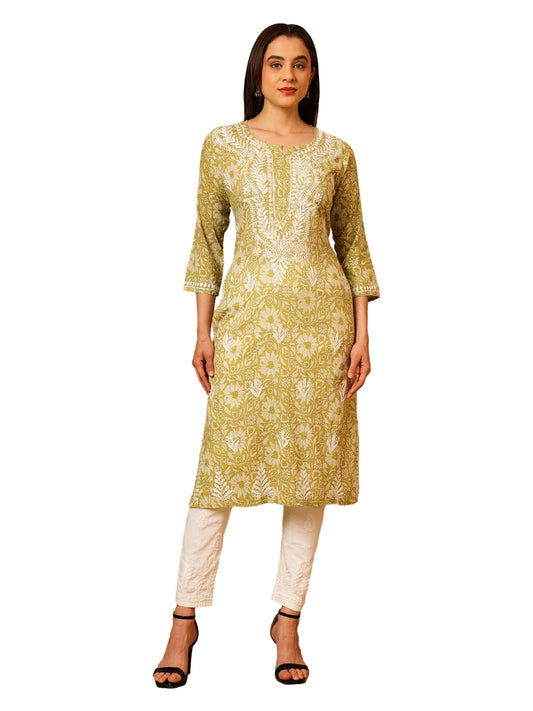 Nazaira Mulmul Cotton Chikankari Kurta for Women Pista Green | Hand Embroidered Lucknow Chikankari Kurti | Ethnic Wear Long Kurta for Women | Handmade Luckhnawi Chickankari Kurta