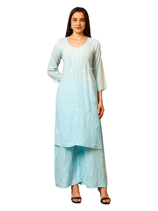 Nazaira Women’s Rayon Lucknow Chikankari Kurta Palazzo Set | Firozi Blue Ombre Hand Embroidered Kurti Set | Ethnic Wear for Women | Handmade Luckhnawi Chickankari Kurta with Palazzo