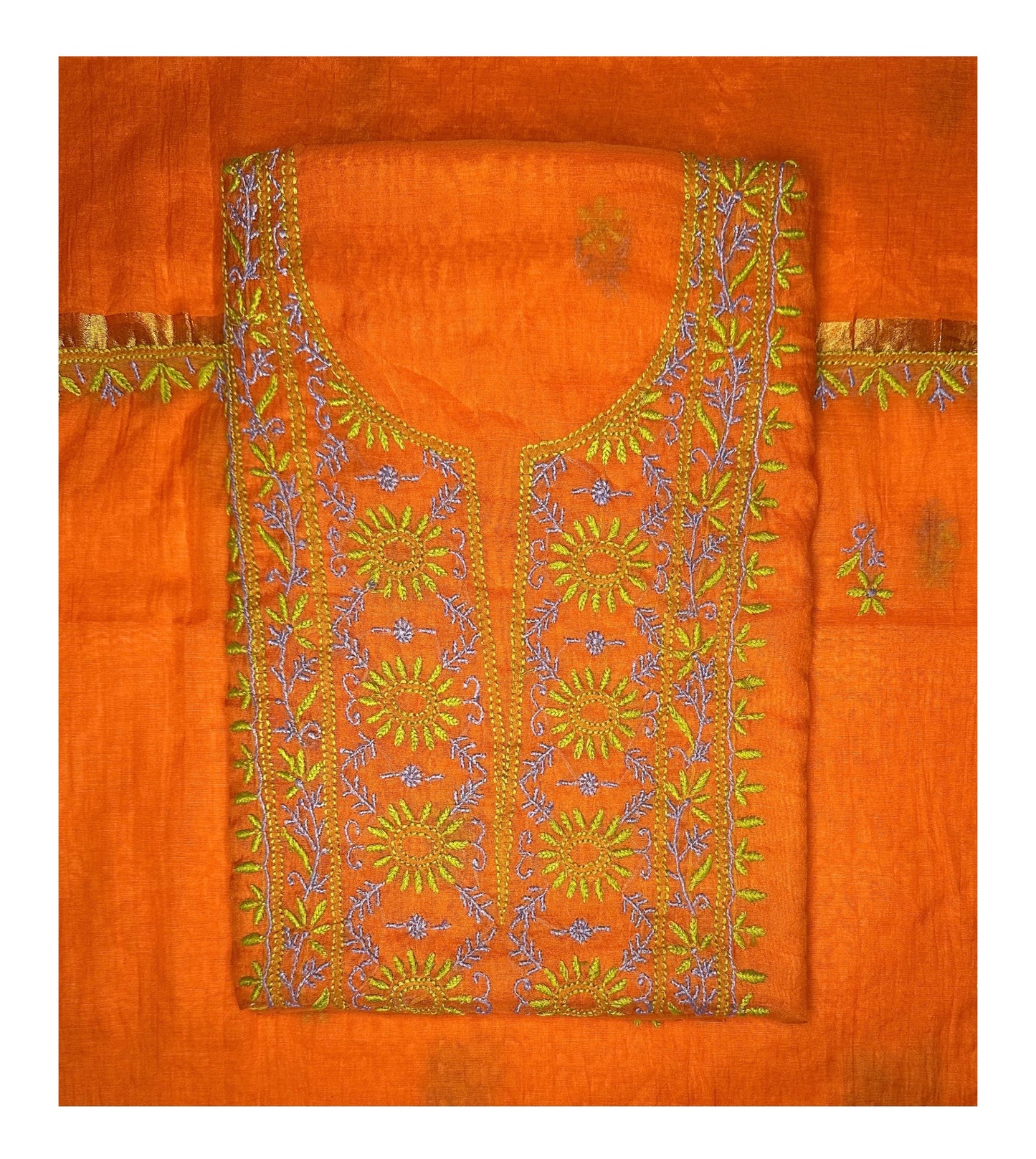Pure Mul Chanderi Lucknowi Chikankari Unstitched Suit for Women with Dupatta – Hand Embroidered Ethnic Dress Material (2 Piece Set) - Orange