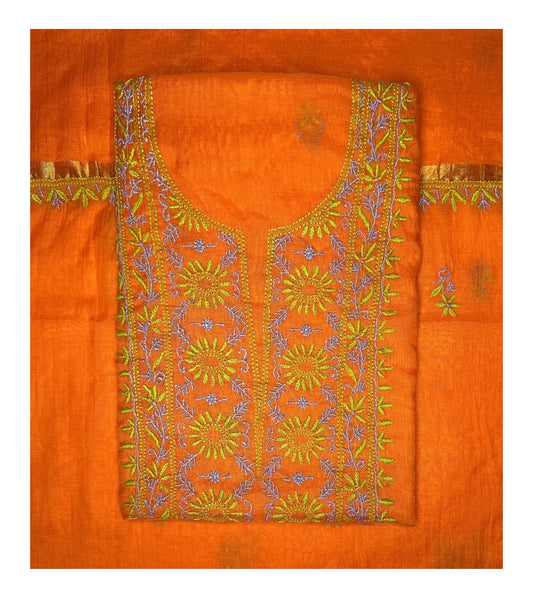 Pure Mul Chanderi Lucknowi Chikankari Unstitched Suit for Women with Dupatta – Hand Embroidered Ethnic Dress Material (2 Piece Set) - Orange