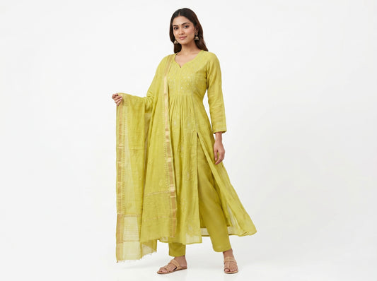 Nazaira Pure Mul Chanderi Semi-Stitched Suit for Women with Dupatta | Hand Embroidered Lucknow Chikankari Kurta Set | Heavy Cutdana & Sequence Work | Naira Cut Gown Style Ethnic Wear | Pista Green |