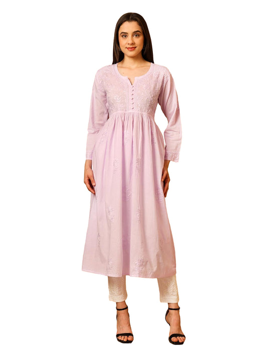 Nazaira Women’s Cotton Chikankari Kurta Gown Style Lavender | Hand Embroidered Lucknow Chikankari Kurti | Ethnic Wear for Women | Long Anarkali Kurta | Handmade Cotton Kurta