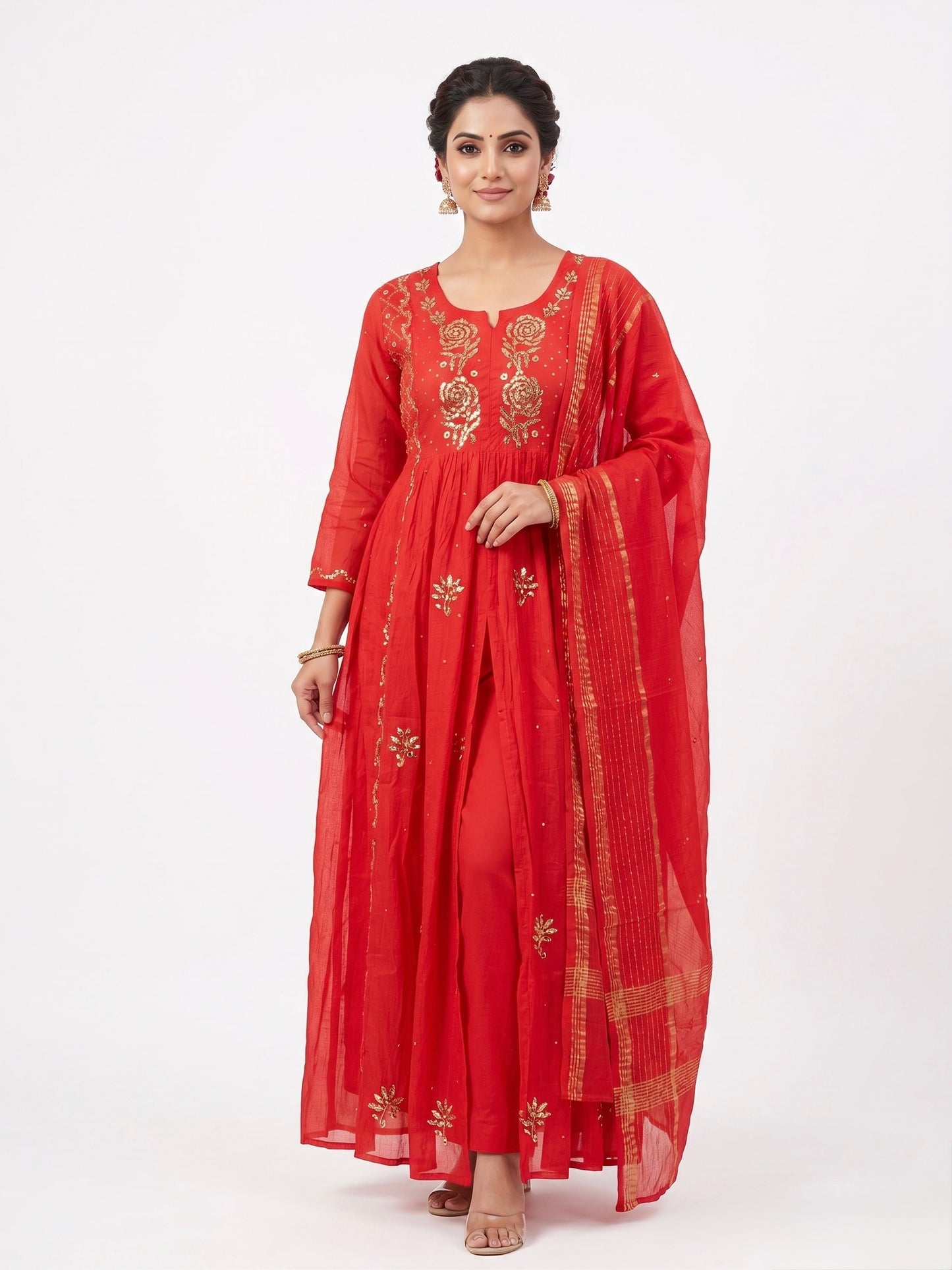 Nazaira Pure Mul Chanderi Semi-Stitched Suit for Women with Dupatta | Hand Embroidered Lucknow Chikankari Kurta Set | Pitta Work Naira Cut Gown Style Ethnic Wear | Dress Material | Red
