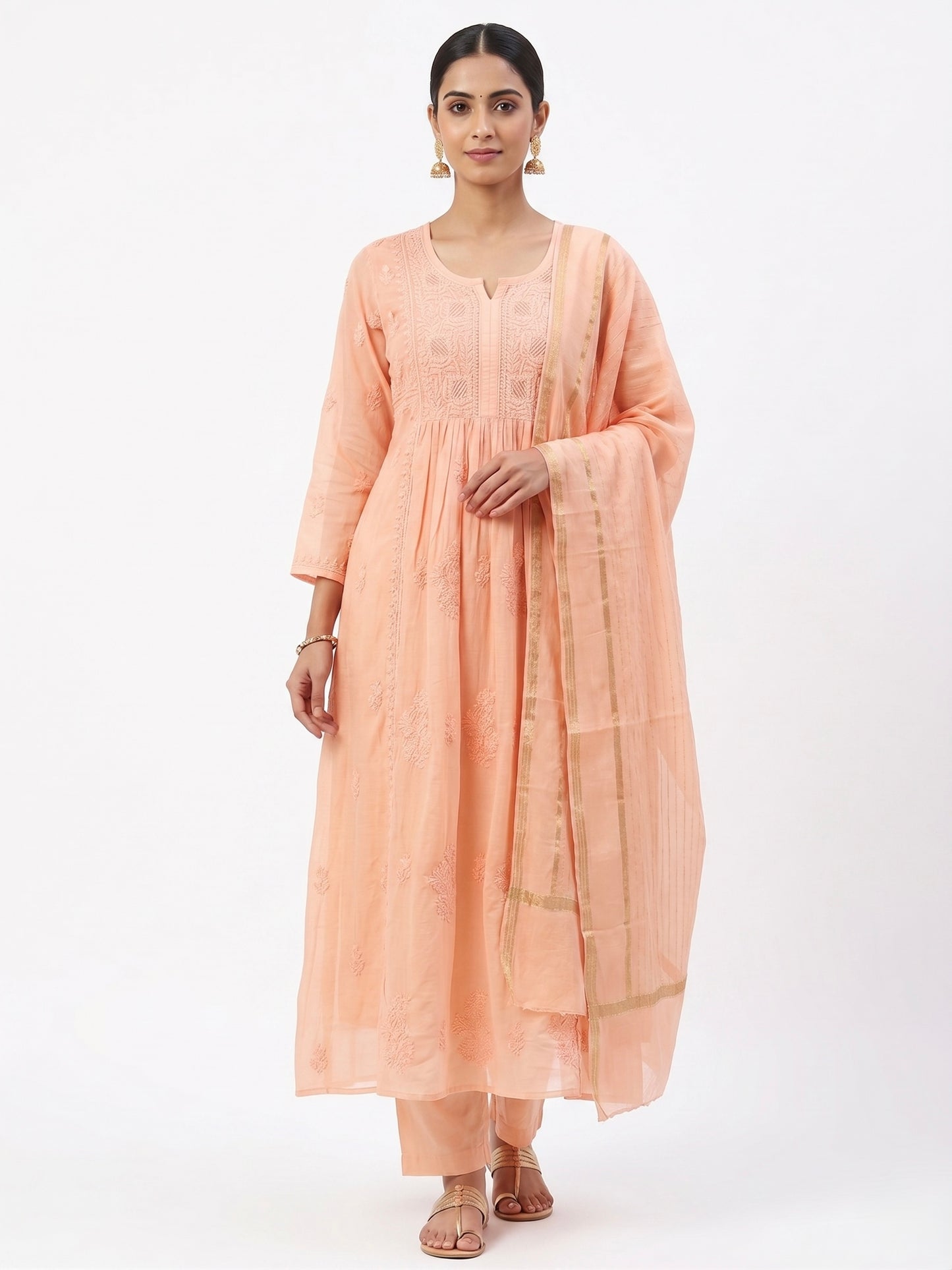 Nazaira Pure Mul Chanderi Semi-Stitched Lucknow Chikankari Suit for Women with Dupatta | Hand Embroidered Naira Cut Gown Style Dress Material | Heavy Cutdana Work | Ethnic Wear | Pastel Peach |