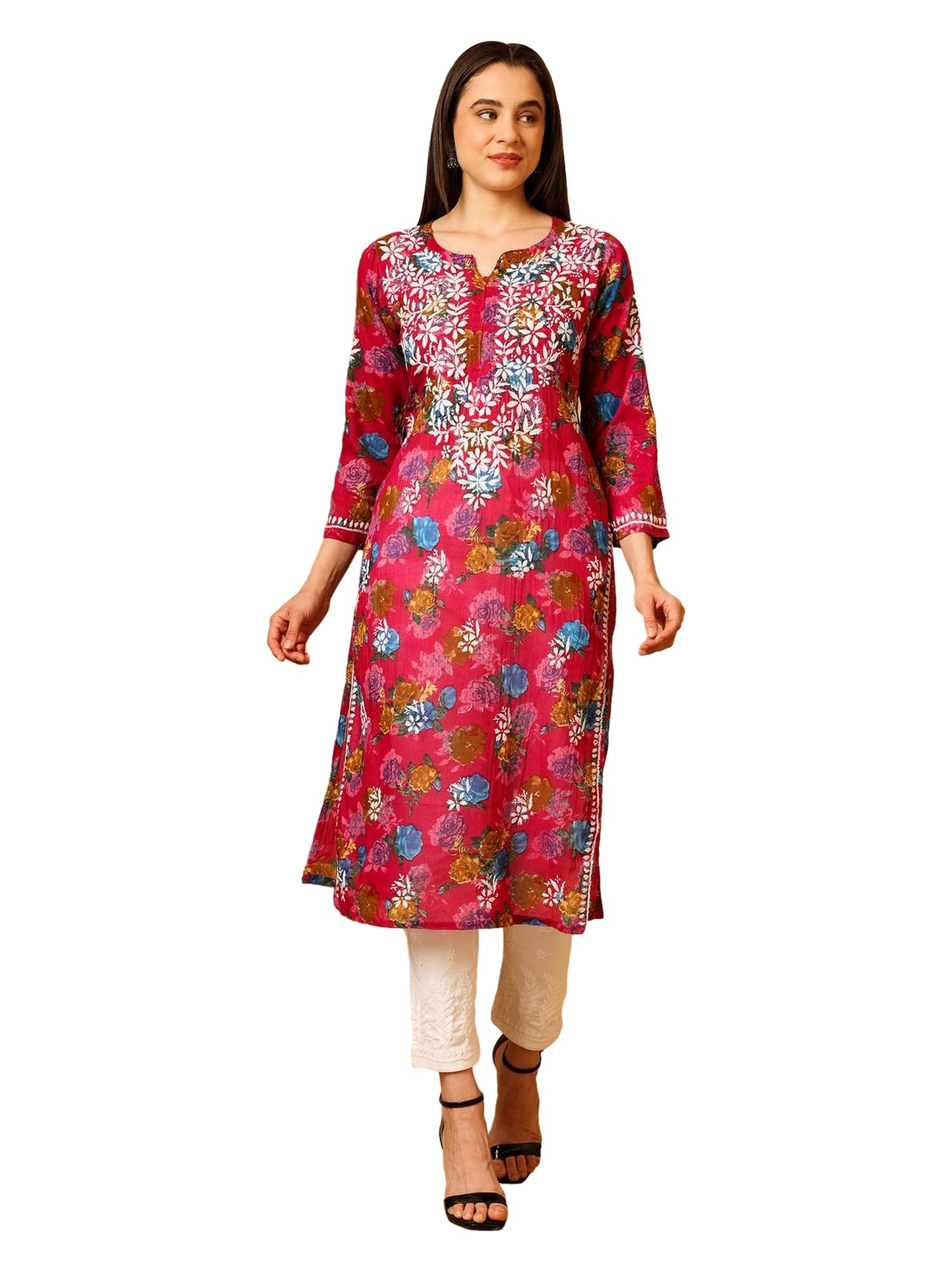 Nazaira Women’s Magenta Mul Cotton Lucknowi Chikankari Long Kurti | Hand-Embroidered Floral Printed Cotton Kurta | Elegant Ethnic Wear for Women | Traditional Lucknow Chikan Work |