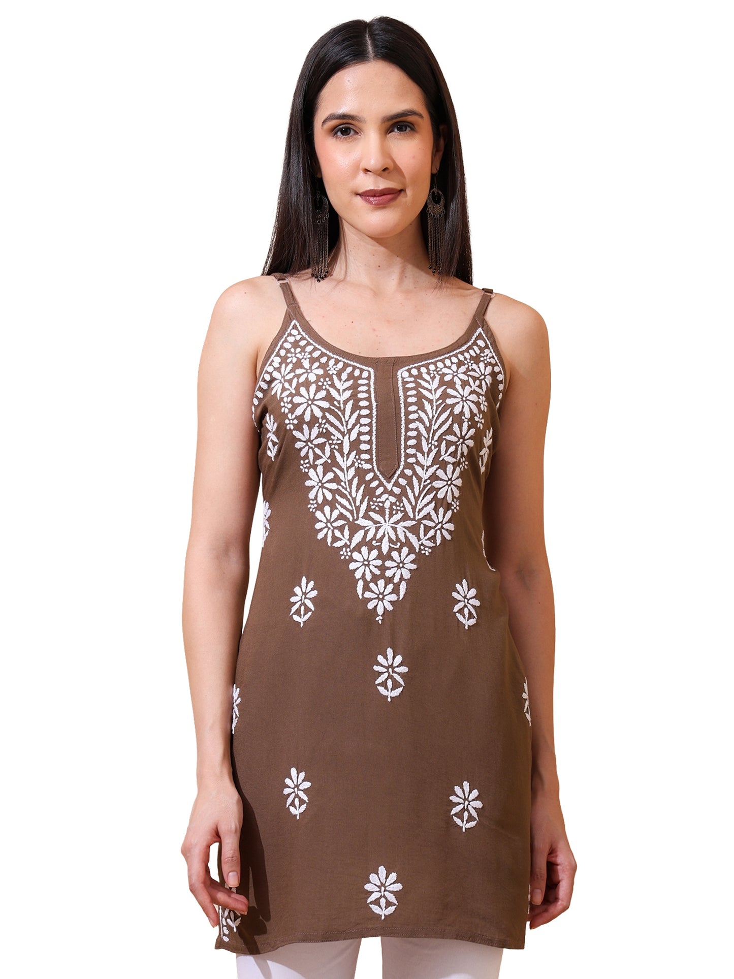 Nazaira Lucknow Chikankari Women’s Sleeveless Short Kurti | Hand Embroidered Rayon Kurta for Women | Brown Ethnic Wear Top | Lucknawi Chikankari