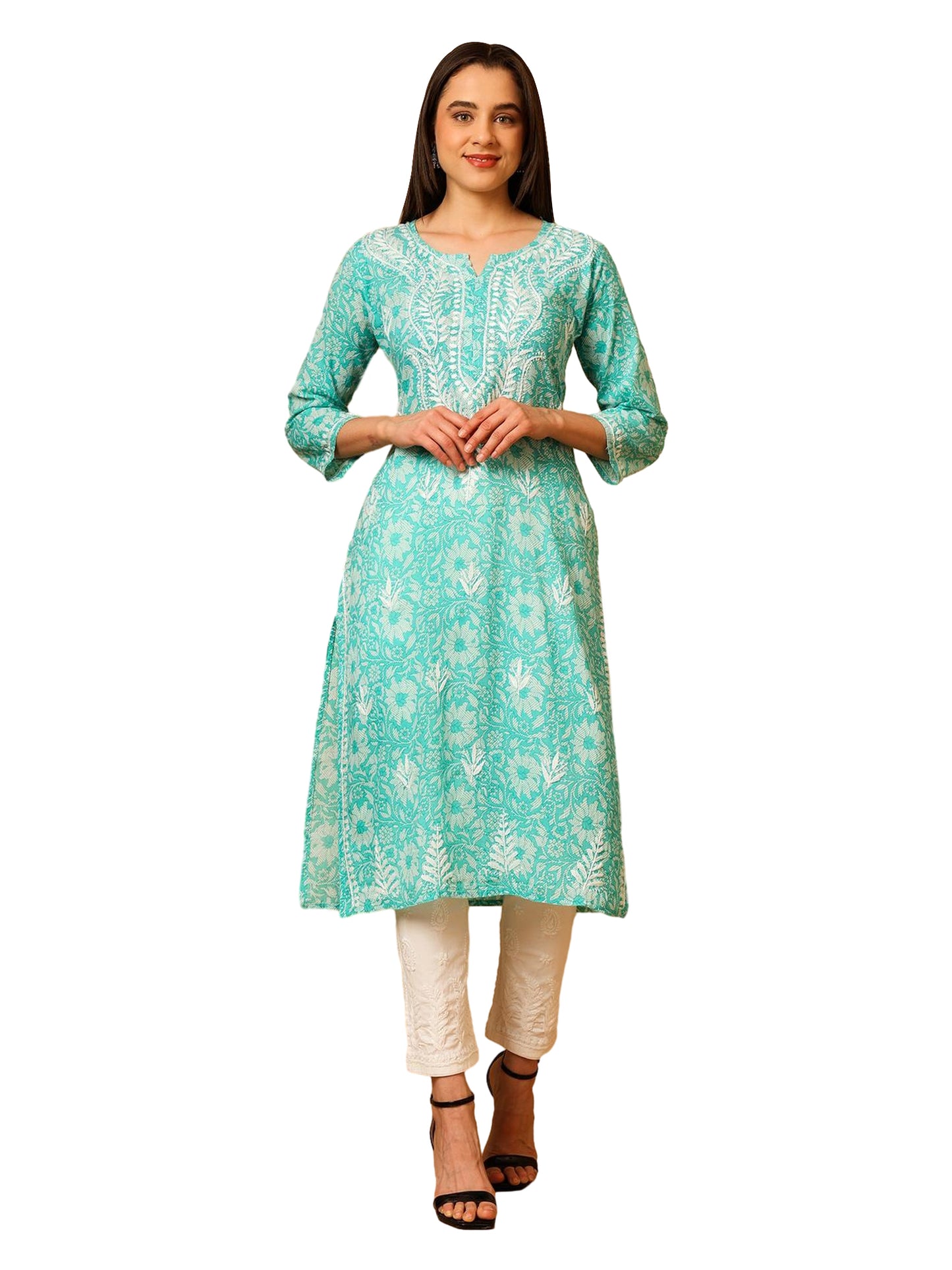 Nazaira Mulmul Cotton Chikankari Kurta for Women Aqua Green | Hand Embroidered Lucknow Chikankari Kurti | Ethnic Wear Long Kurta for Women | Handmade Luckhnawi Chickankari Kurta