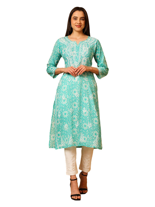 Nazaira Mulmul Cotton Chikankari Kurta for Women Aqua Green | Hand Embroidered Lucknow Chikankari Kurti | Ethnic Wear Long Kurta for Women | Handmade Luckhnawi Chickankari Kurta