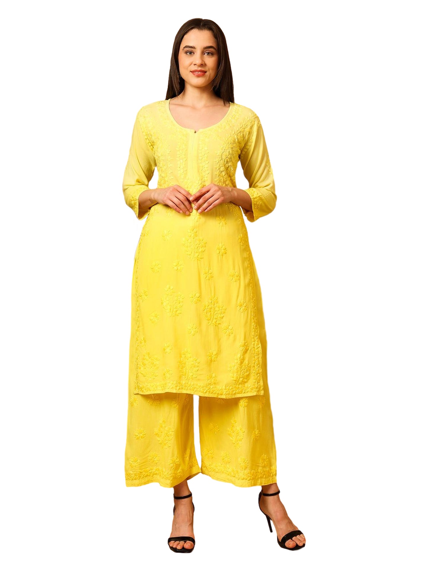Nazaira Women’s Rayon Lucknow Chikankari Kurta Palazzo Set | Yellow Ombre Hand Embroidered Kurti Set | Ethnic Wear for Women | Handmade Luckhnawi Chickankari Kurta with Palazzo