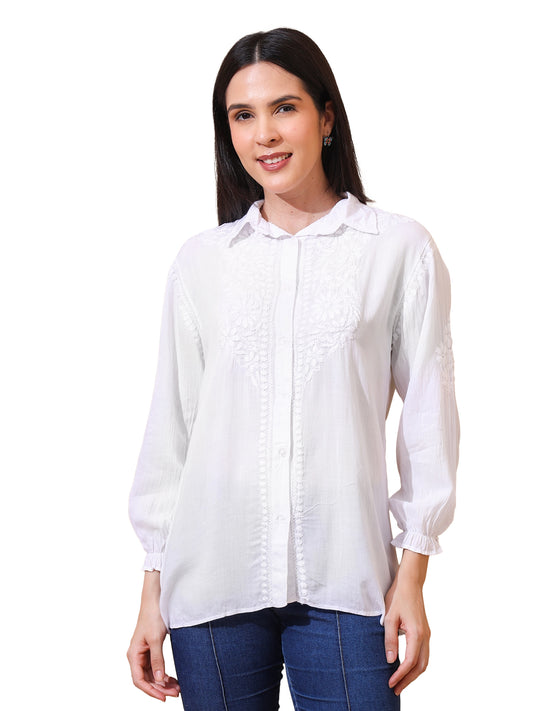 Nazaira Women’s Modal Lucknow Chikankari Shirt for Women | Hand Embroidered Luckhnawi Chickankari Top | White Ombre Ethnic Wear Shirt with 3/4 Sleeves | Handmade for Women