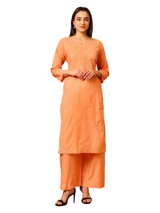 Cotton Chikankari Kurta Palazzo Set for Women | Hand Embroidered Lucknowi Chikankari Kurti with Palazzo | Ethnic Wear Long Kurta Set (Peach) | Handmade Cotton Kurta for Women