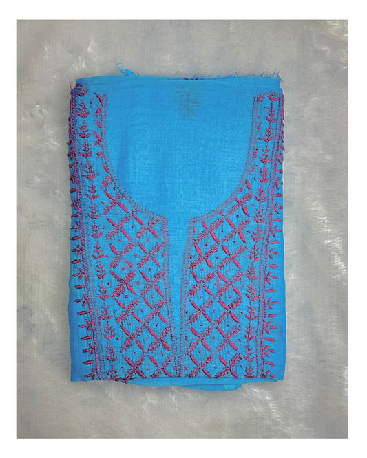 Pure Mul Chanderi Lucknowi Chikankari Unstitched Suit for Women with Dupatta – Hand Embroidered Ethnic Dress Material (2 Piece Set) - Blue