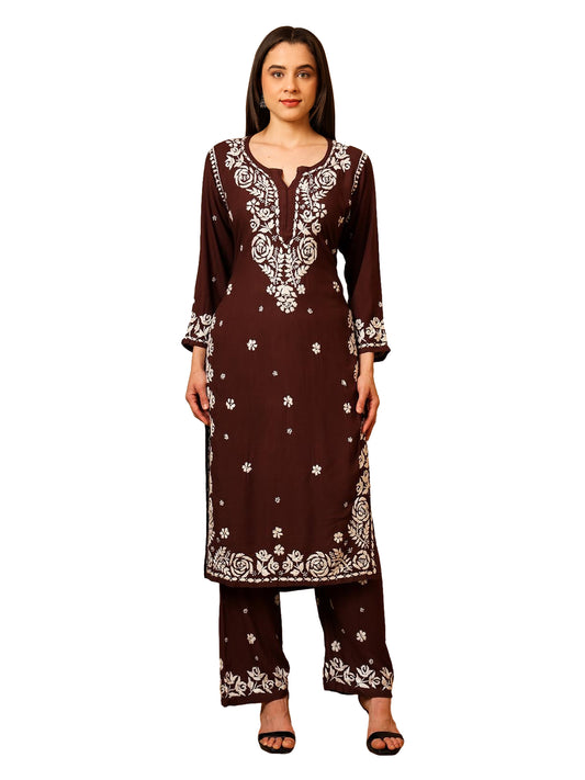 Nazaira Women’s Rayon 3D Work Lucknow Chikankari Kurta with Palazzo Set | Hand Embroidered Lucknawi Chickankari Kurti | Ethnic Wear | Brown |