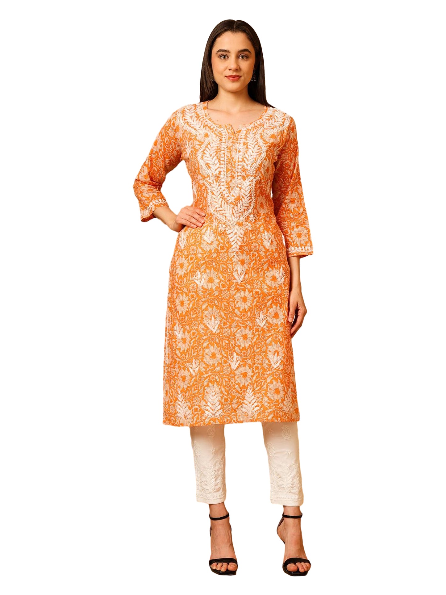 Nazaira Mulmul Cotton Chikankari Kurta for Women Orange | Hand Embroidered Lucknow Chikankari Kurti | Ethnic Wear Long Kurta for Women | Handmade Luckhnawi Chickankari Kurta