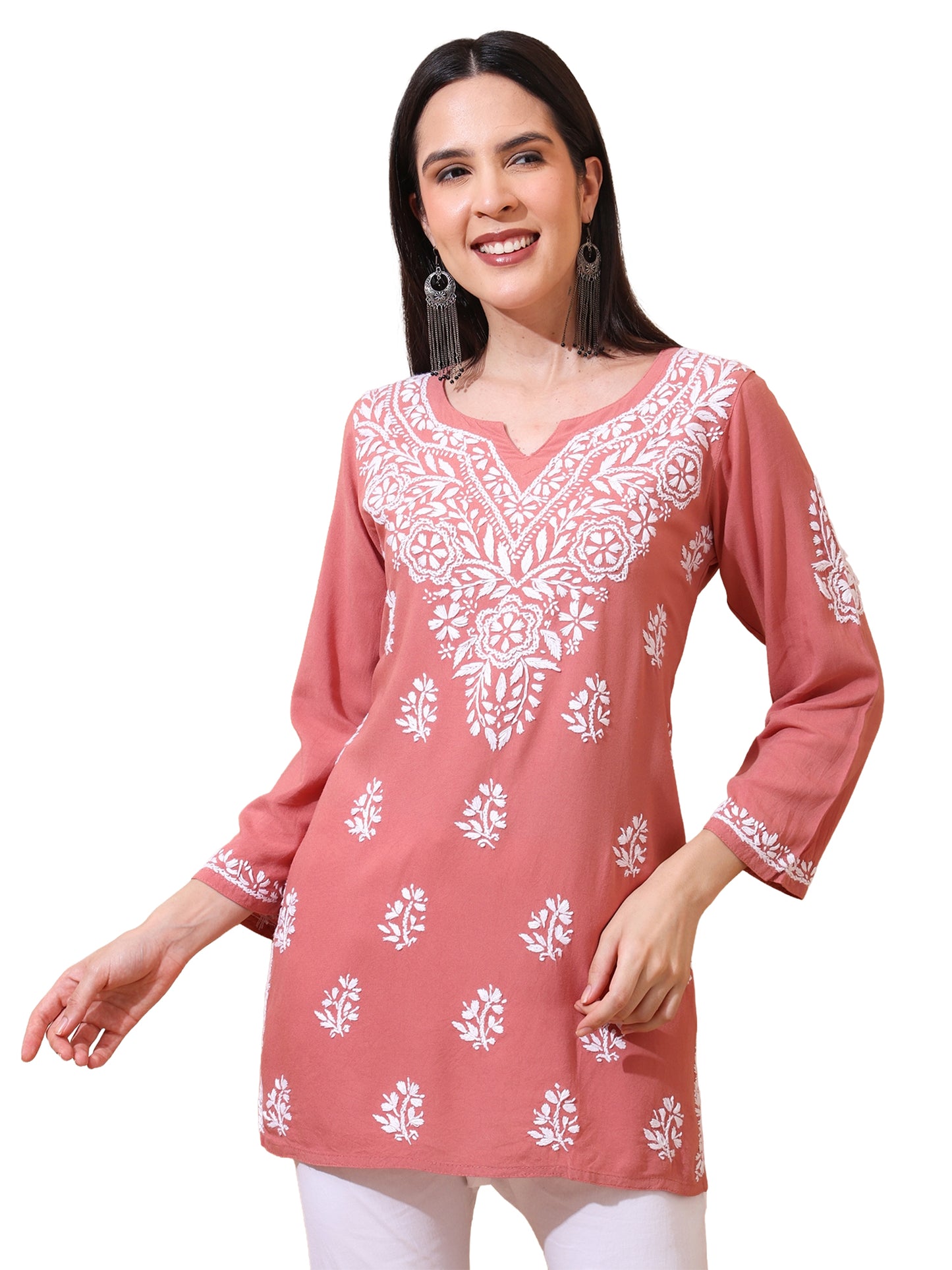 Nazaira Women’s Rayon Lucknow Chikankari Short Kurta | Handmade Hand Embroidered Luckhnawi Kurti for Women | Ethnic Wear Tunic Top for Daily, Casual Peach