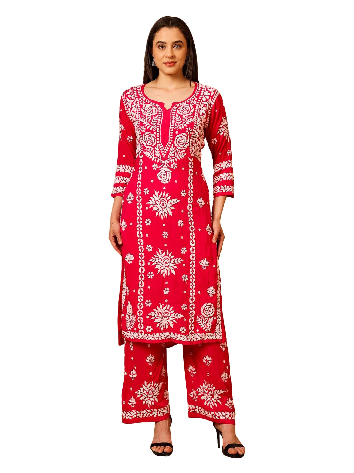 Nazaira Modal Lucknow Chikankari Kurta Set for Women with Palazzo | 3D Hand Embroidery Long Kurti | Ethnic Wear for Women | Handmade Luckhnawi Chickankari | Rani Pink |