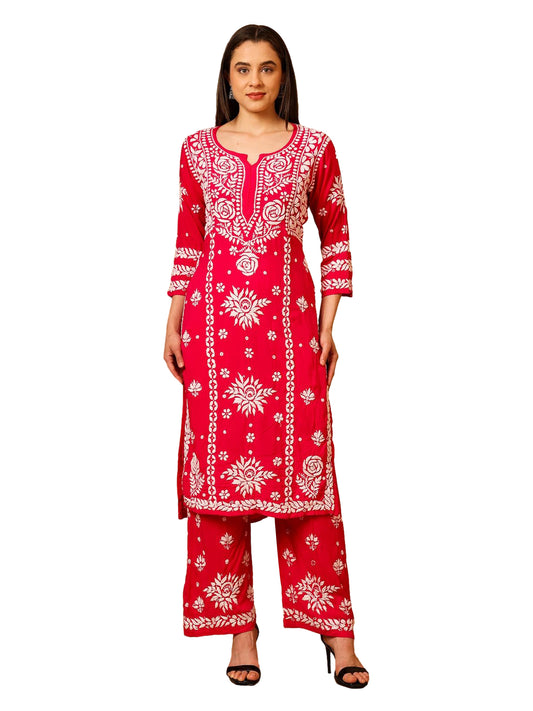 Nazaira Modal Lucknow Chikankari Kurta Set for Women with Palazzo | 3D Hand Embroidery Long Kurti | Ethnic Wear for Women | Handmade Luckhnawi Chickankari | Rani Pink |