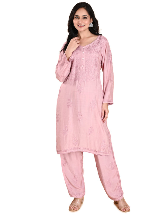 Lavender Muslin Lucknowi Chikankari Short Kurti Set with Pajama for Women with Hand Embroidery – Elegant Daily & Festive Ethnic Wear Set
