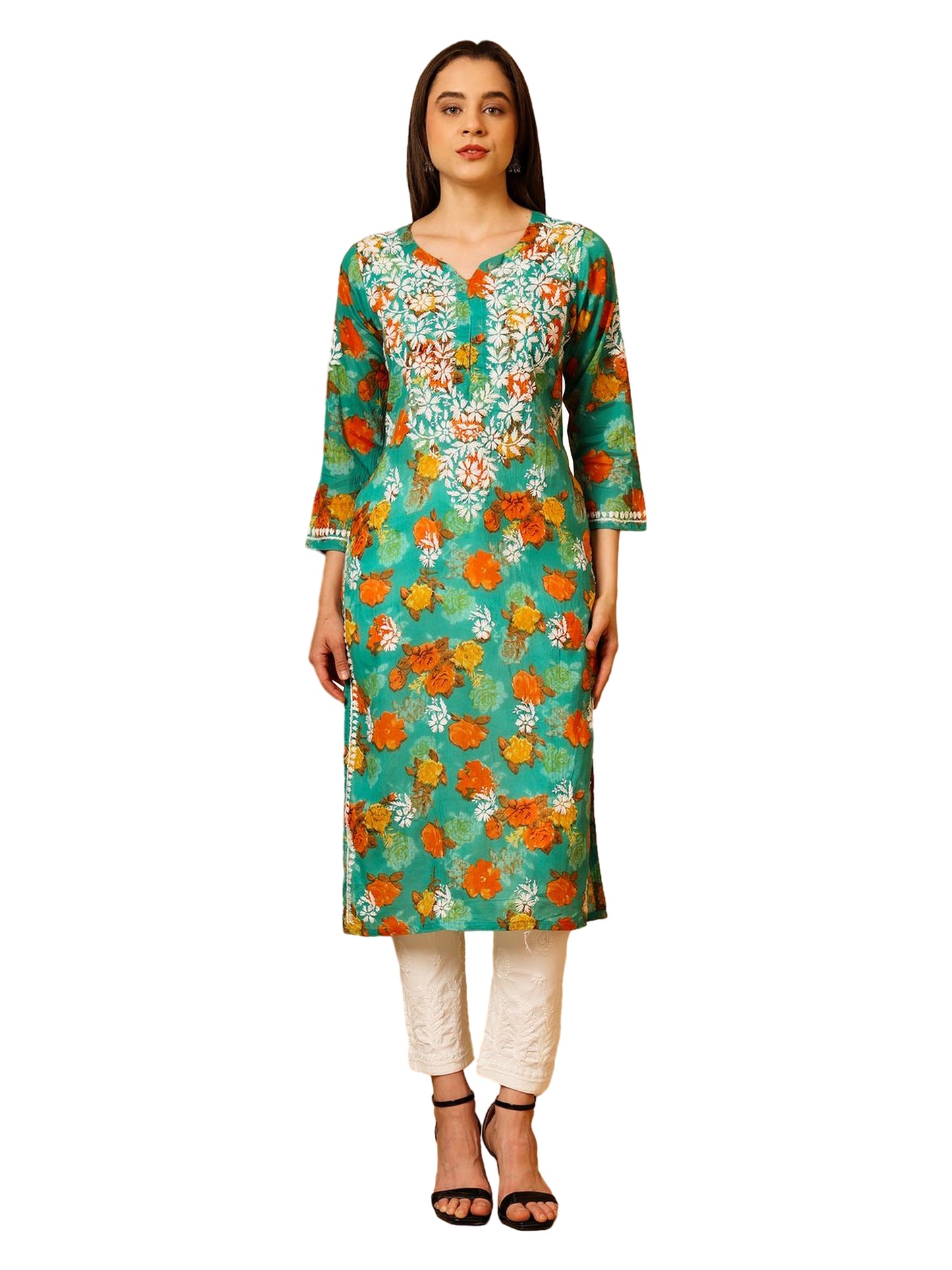 Nazaira Women’s Green Mul Cotton Lucknowi Chikankari Long Kurti | Hand-Embroidered Floral Printed Cotton Kurta | Elegant Ethnic Wear for Women | Traditional Lucknow Chikan Work |
