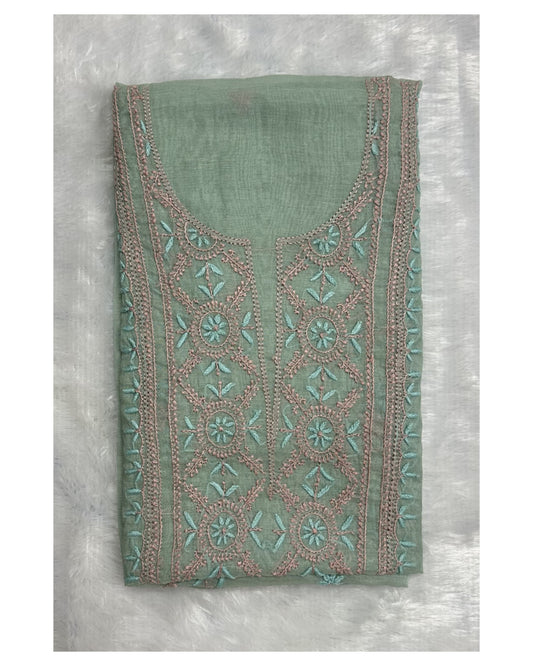 Pure Mul Chanderi Lucknowi Chikankari Unstitched Suit for Women with Dupatta – Hand Embroidered Ethnic Dress Material (2 Piece Set) - Sea Green