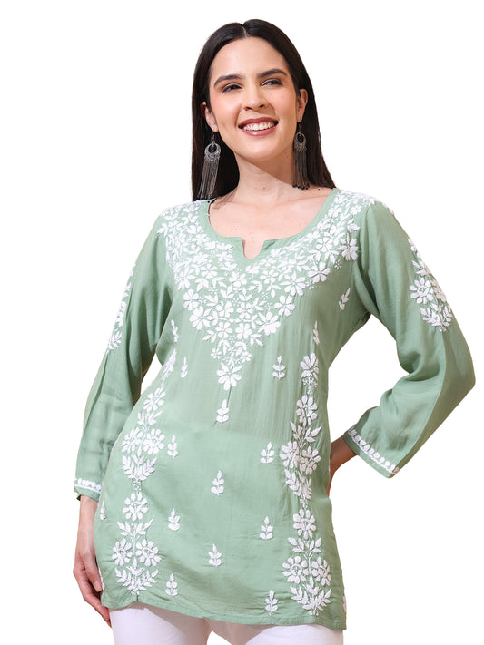 Nazaira Women’s Modal Lucknow Chikankari Short Kurta | Hand Embroidered Luckhnawi Kurti for Women | Ethnic Wear Tunic Top with Panel Work