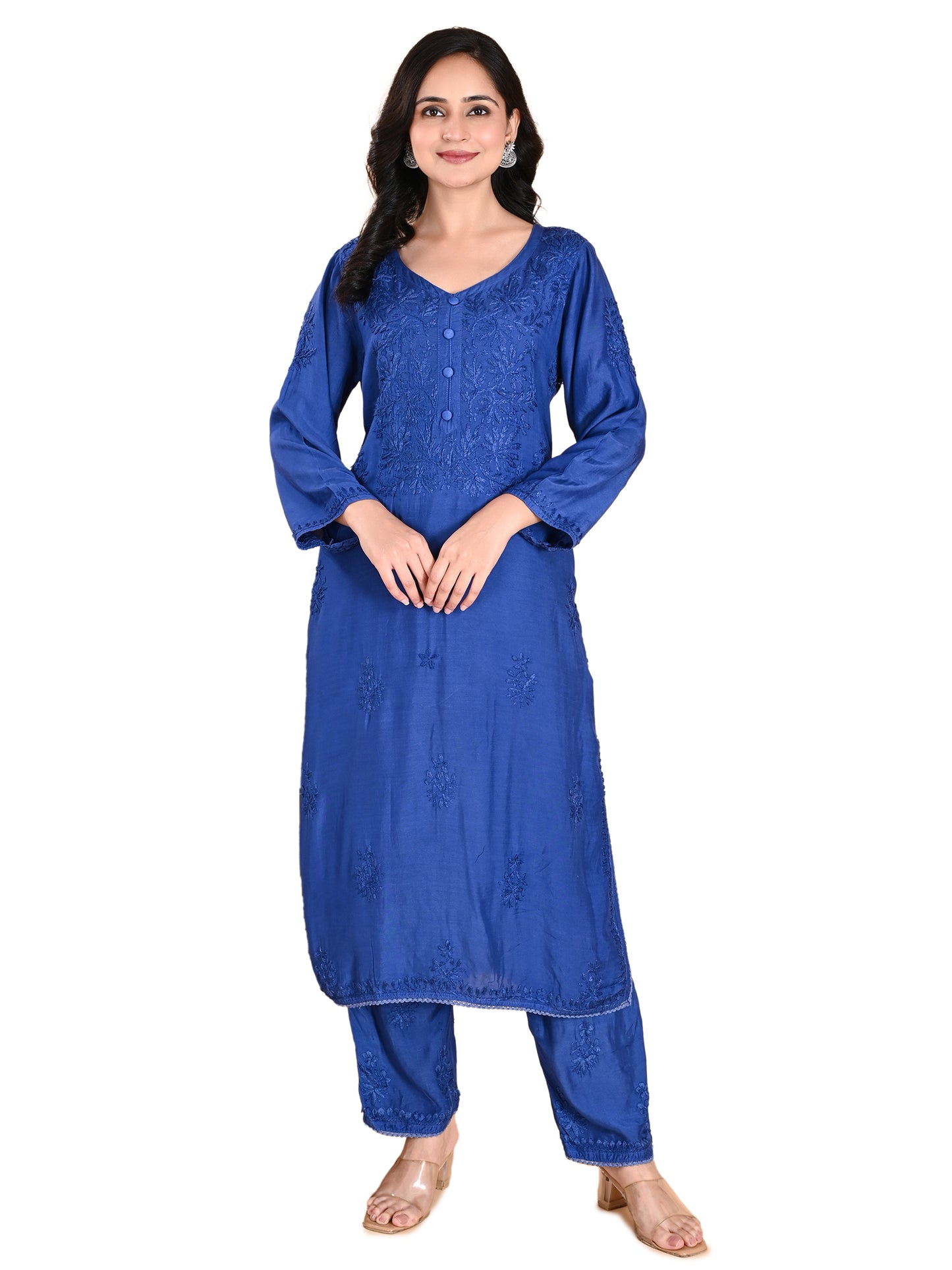 Blue Muslin Lucknowi Chikankari Kurta Set with Pajama for Women with Hand Embroidery – Festive Ethnic Wear Long Kurti Set