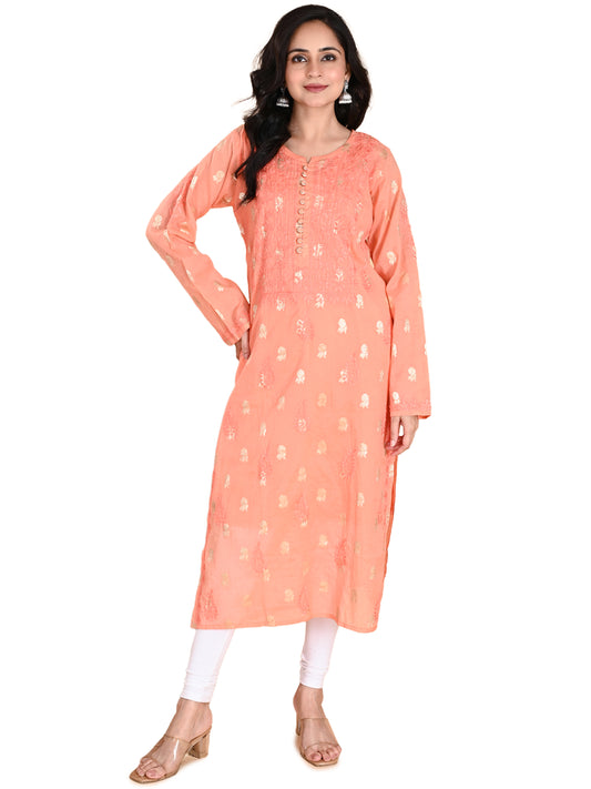 Peach Mul Chanderi Lucknowi Chikankari Long Kurta for Women with Inner, Banarasi Boota Hand Embroidery – Ethnic Wear Kurti